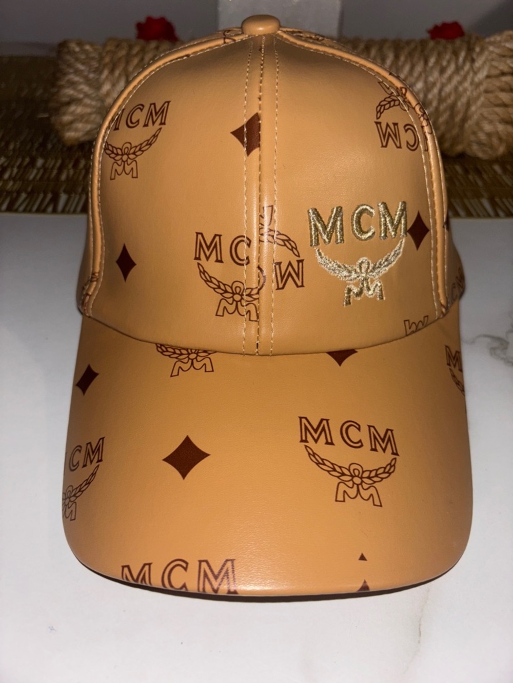 MCM Tan Monogram Leather-Look Baseball Cap
